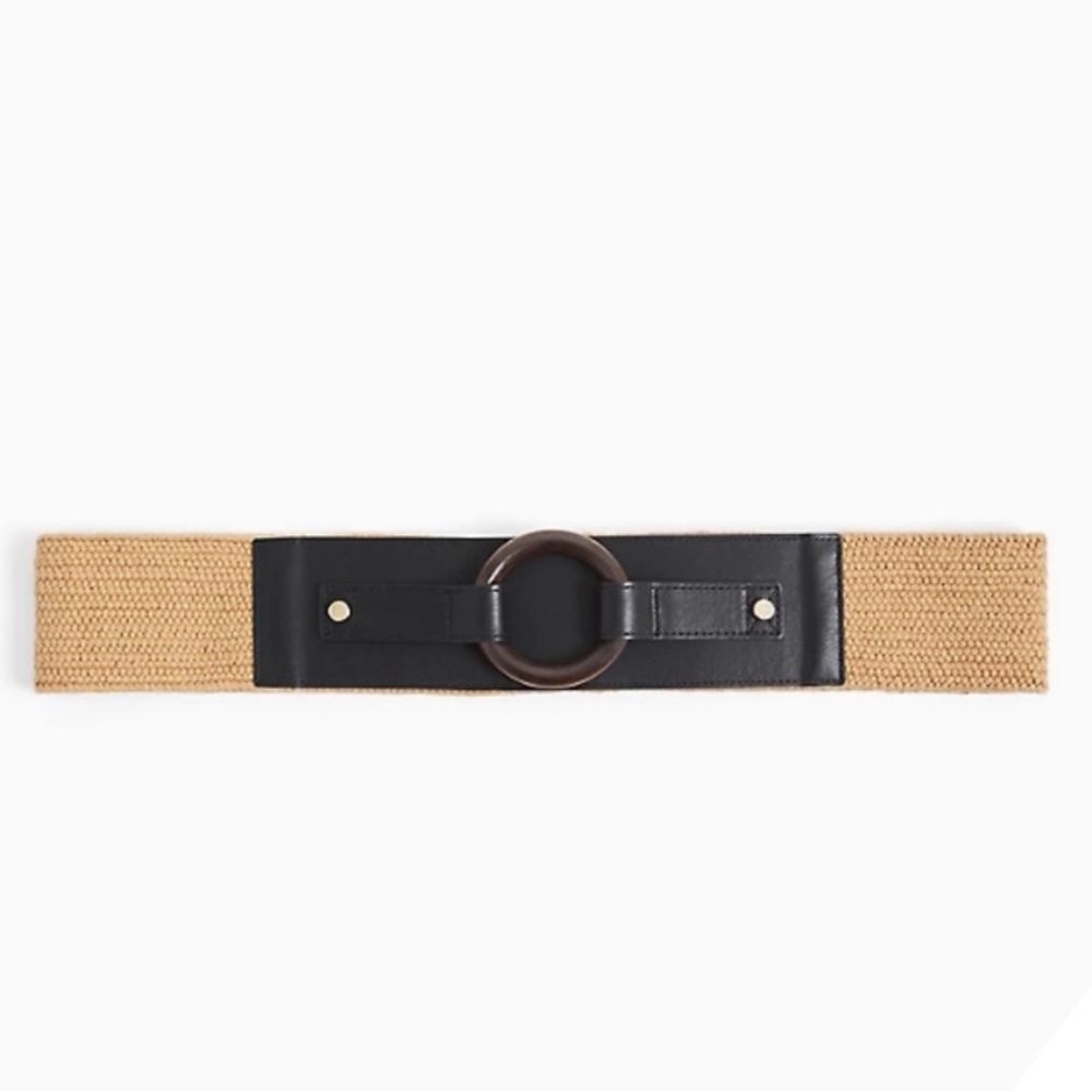 Black Faux Leather & Tan Straw Stretch Belt